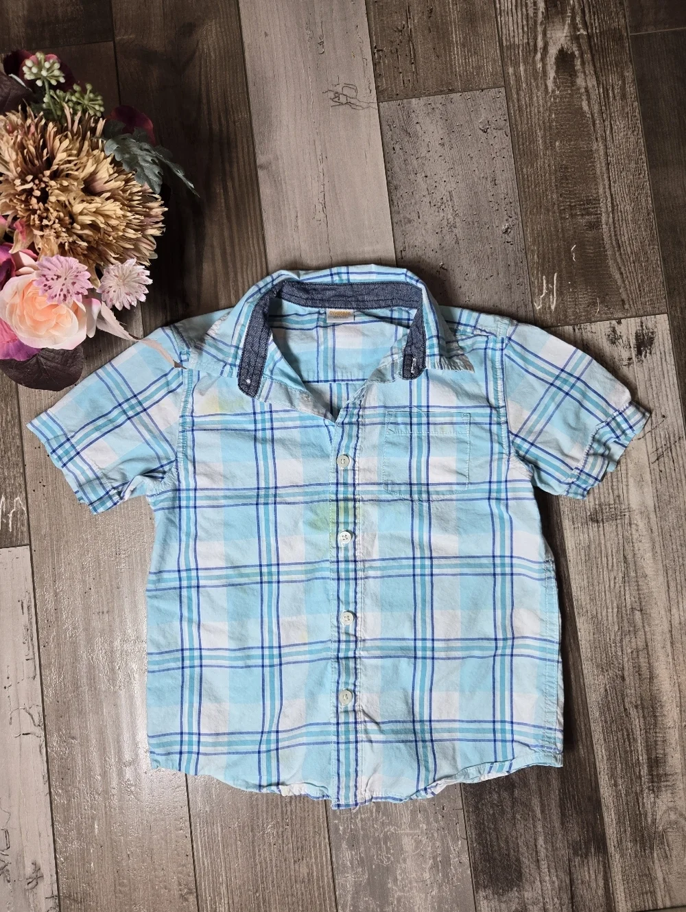 Gymboree Boys Blue and White Plaid Short Sleeve Buttondown Shirt Size Small 5-6